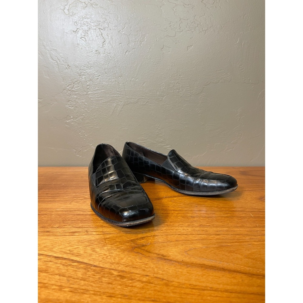 Cole Haan Crocodile Print Shoes Loafers Womens 8 Black Dress Slip On Flats Italy